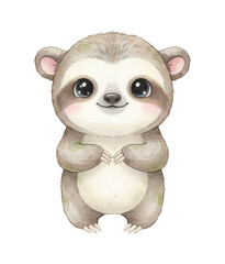 Obraz premium Cute smiling baby sloth standing happily with big eyes and clasped hands adorable watercolor illustration