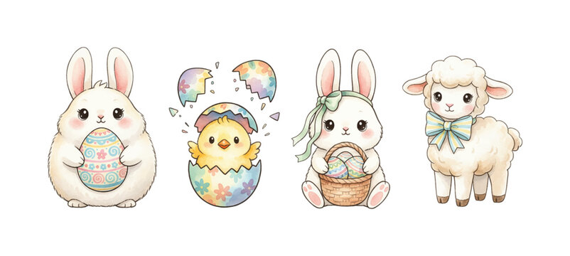 Cute Easter animals illustration with bunnies holding eggs a chick hatching and a lamb with a bow joyful scene