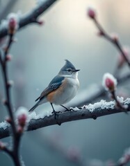 Small bird with crest sits on frosty branch with pink buds. Winter ends, spring starts, new life emerges. Nature wakes up after cold season.