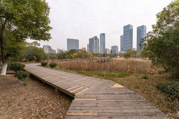 Obraz premium spring park and modern city