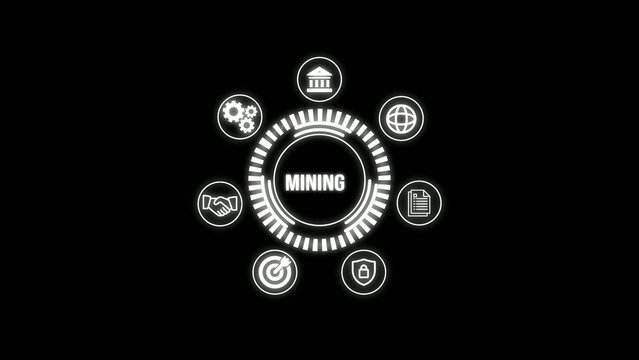 Glowing circular with mining text surrounded by six technology and business on dark Generate title without using the word "Title:" before it. background 1765520830818