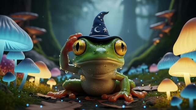 Cute Frog Wizard in Enchanted Forest with Glowing Mushrooms