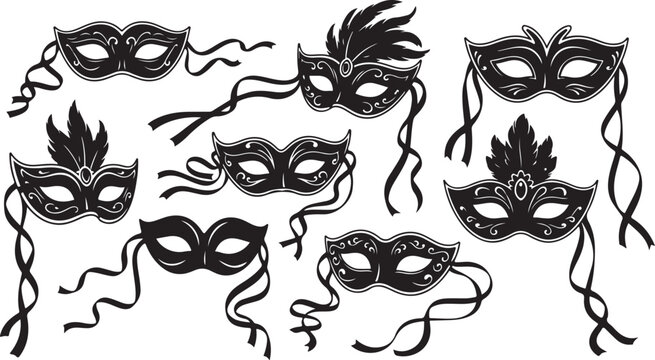 Collection of black masquerade masks with feathers and ribbons