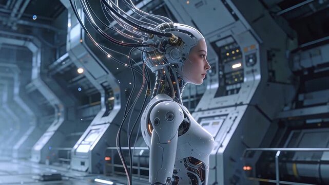 Futuristic humanoid android woman inside advanced sci fi laboratory with artificial intelligence and cyber technology concept
