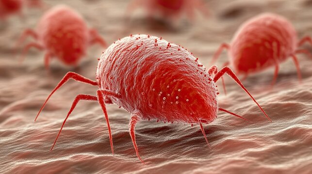 Microscopic red mites crawling on skin surface.