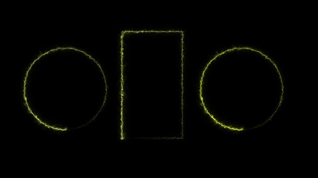 Abstract motion graphics of glowing gold yellow circles and rectangle shapes on a black background.