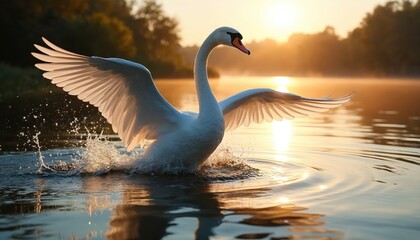 Fototapeta premium White swan lands on calm lake water at sunrise, wings spread wide creating splash. Golden sunbeams reflect on rippling water, peaceful nature scene.