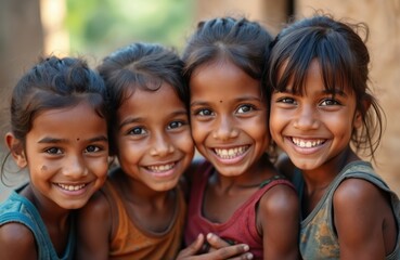 Fototapeta premium Four smiling Indian children pose together outdoors in village. Young kids share happy moment showing friendship, joy. Diverse group cheerful faces, bright eyes looking forward. Childhood innocence