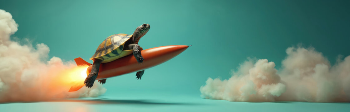 Turtle flies on rocket through sky, leaving smoke and fire trail. Creature travels fast, breaks limits, achieves goal. Surreal journey, speed, adventure concept. Funny animal rides rocket.