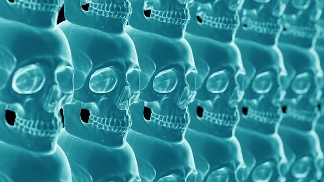 3D rendering of rows of transparent blue skulls sliding. Sci-fi hologram or ghost loop.