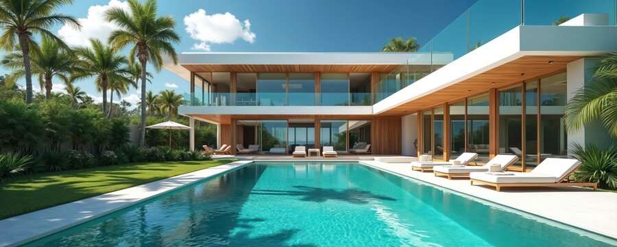 Modern luxury villa with large swimming pool surrounded by green lawn, palm trees. Contemporary architecture with floor to ceiling glass walls, wooden accents, private balconies offers serene