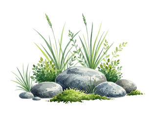 Fototapeta premium Watercolor painting of natural grey stones and green grass with fresh moss on a clean white background