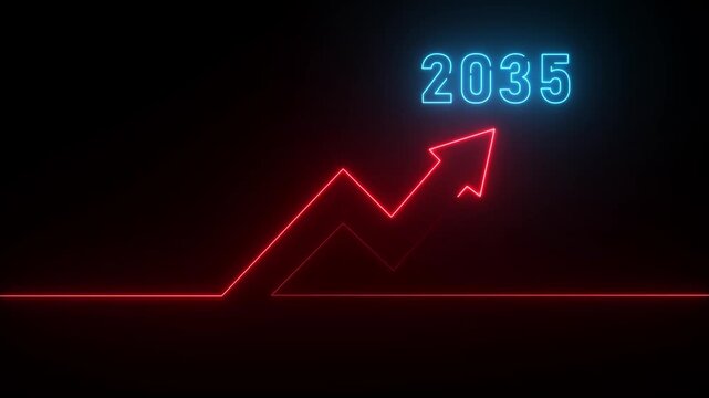 Red neon arrow graph trending upwards with the year 2035 in blue neon against a dark background upward trend
