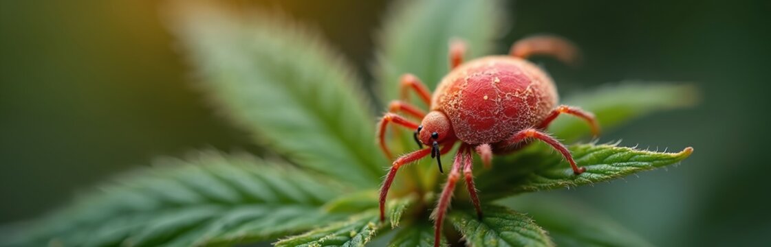 Red spider mite crawls on green cannabis leaf. Macro shot shows tiny pest damaging marijuana plant. Insect infestation causes agricultural problems in farming.