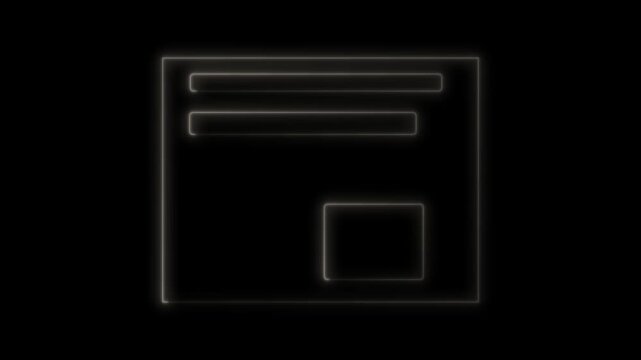 Minimalist white neon glowing web browser window icon animation on black background.