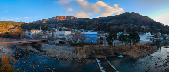 Hakone mountain views at sunrise in Japan over the Haya River