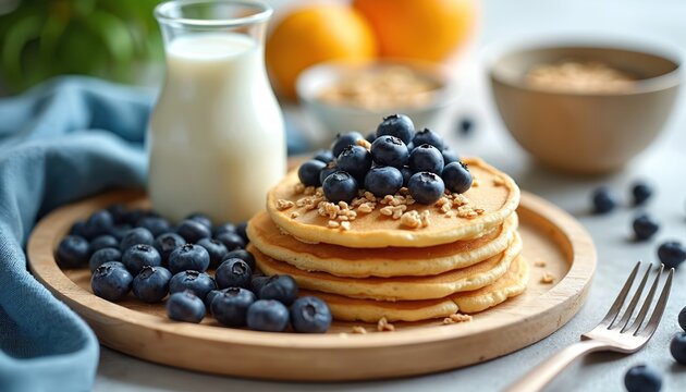 Stack of pancakes with fresh blueberries and granola on wooden tray. Bottle of milk beside plate. Oranges in background suggest morning meal, bright start.