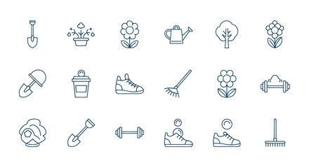 Collection of line art icons illustrating gardening fitness and daily life © Danvata