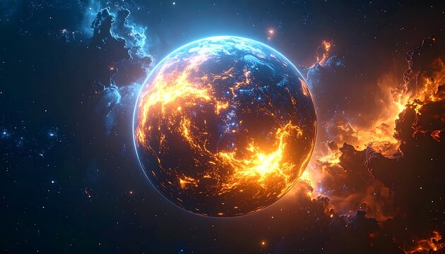 A vibrant cosmic depiction showcases a fiery celestial body amidst swirling, nebulous clouds of blue and orange hues, set against the dark vastness of space
