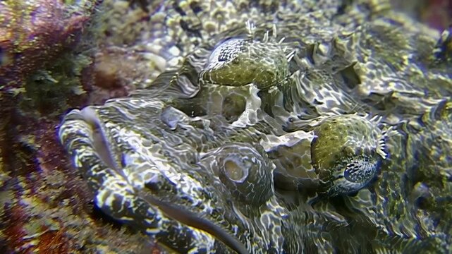 Observe the camouflage of a stonefish in its natural environment. The animal perfectly blends into the coral reef at Sipadan Island, Indonesia. Underwater close-up look.