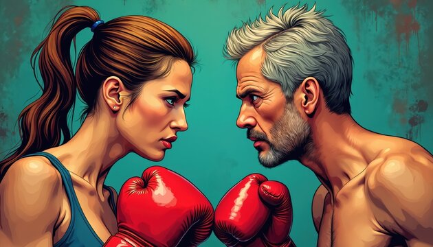 Young woman and older man wear boxing gloves face to face, ready for a fight. Comic style illustration shows conflict and competition between different generations or genders.