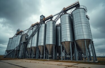 Massive metallic silos store agricultural grain harvests. Industrial complex features tall cylindrical tanks, complex conveyor systems. Agriculture facility processes bulk food products for global