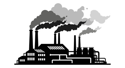 Obraz premium Industrial factory emitting smoke from chimneys, viewed from the front in a graphic illustration