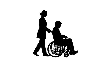 Fototapeta premium Caregiver Assisting Disabled Person in Wheelchair, Walking Together, Silhouette Illustration