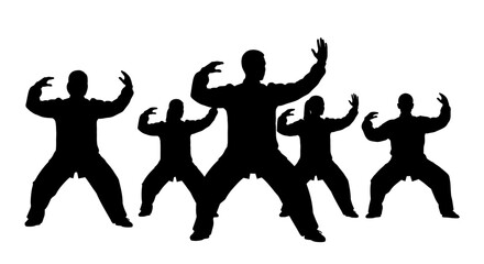 Obraz premium Group of people practicing martial arts in unison from a front view