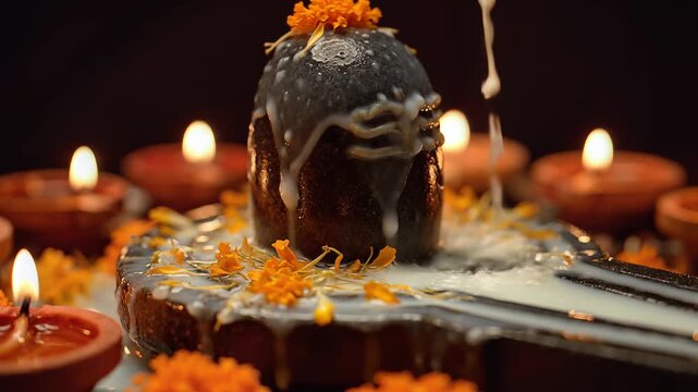 Shivling Abhishekam Milk Marigold Flowers Diyas Mahashivratri Puja