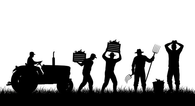 Farmers working together in a field with a tractor and various agricultural tools