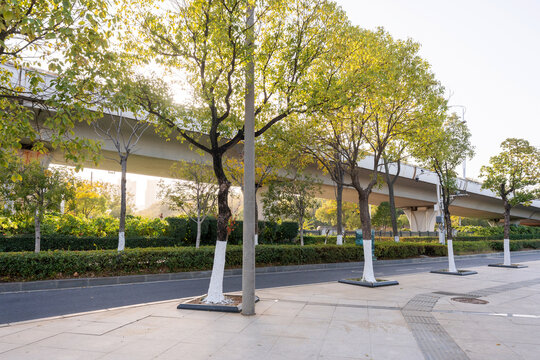 Concrete structure and asphalt road space under the overpass in the city