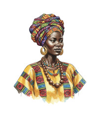 Obraz premium African Black Woman Posing Calmly in Traditional Colorful Headwrap and Patterned Yellow Dress with Jewelry