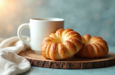 Golden brown sweet bread rings sit next to white mug on wooden board. Soft cloth drapes beside baked pastries. Morning sunlight streams, creating warm, inviting atmosphere for bakery treat.