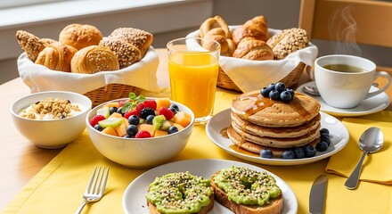 Delicious Breakfast Spread with Fresh Fruits and Pancakes