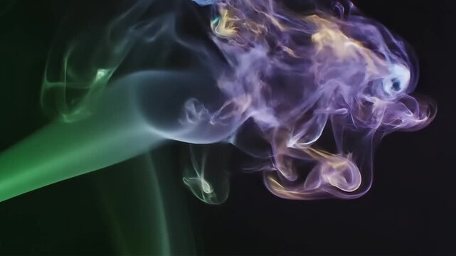 Ethereal smoke swirls in shades of green and purple against a dark background creating an abstract dreamlike visual perfect for artistic projects and modern design