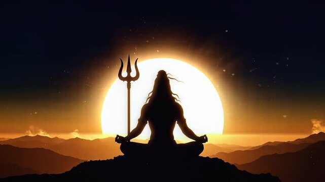 Lord Shiva Meditating on Mountain at Sunset with Trishula