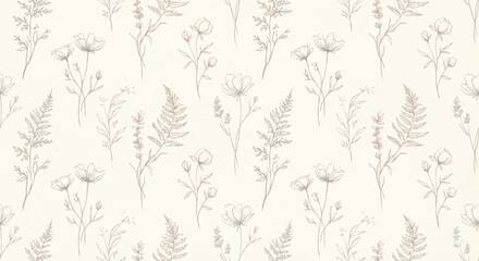 Fototapeta premium Delicate Floral Line Art Seamless Pattern