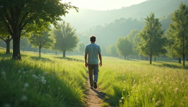 Man walks on dirt path through sunlit green meadow. Trees line path leading up misty hills. Peaceful outdoor scene promotes mental wellness and calm.
