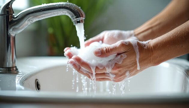 Hands lathered with foam under running water from tap in sink. Close up view of washing hands thoroughly. Gentle water flow washes away soap suds. Promoting hygiene awareness.