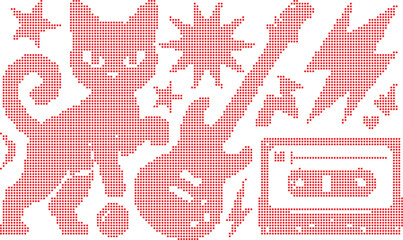 Fototapeta premium Red Dotted Pixel Cat, Guitar, Cassette Tape, Stars, and Lightning Bolts