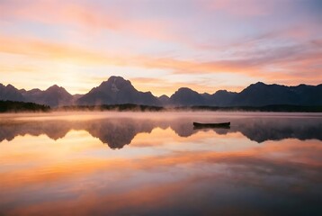 Obraz premium Serene mountain landscape at sunrise featuring calm water, soft mist, and a lone canoe reflecting colorful pastel skies and distant peaks.
