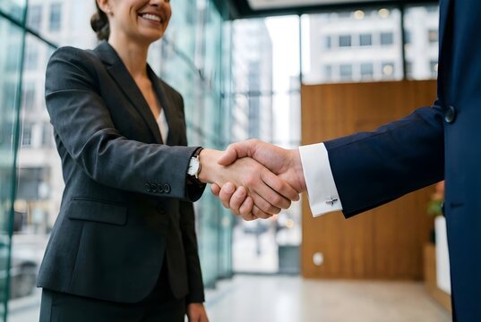 Close-up of a professional handshake between two business people in a modern office environment. Concept of partnership, agreement, trust, and successful business collaboration.
