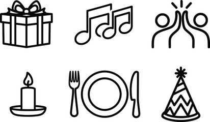 Fototapeta premium Black line icons for celebration and dining gift music people candle plate party hat
