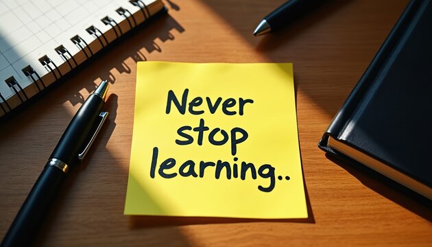 Yellow sticky note with Never stop learning text. Nearby are spiral notebook, pen, and book on wooden table. Concept of continuous education and self improvement.
