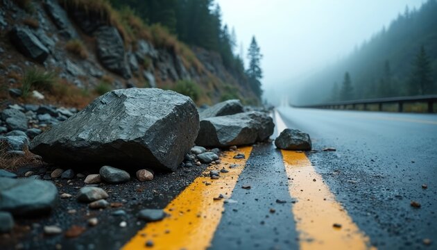 Large rocks block wet highway surface with yellow lines. Mountainous terrain with fog and trees creates a hazardous, obstructive road condition. Safety warning for drivers. Roadside danger.