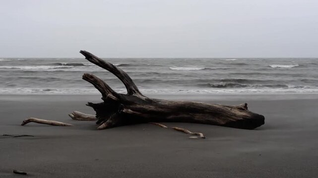 The video features a static shot of haunting driftwood resting on dark sand. Over eight seconds, gray ocean waves continually crest and foam under a pale, overcast sky, emphasizing the scene's desola