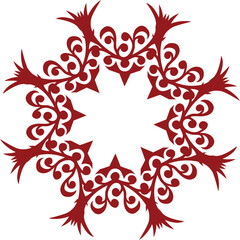 A detailed, symmetrical red mandala design with swirling patterns and shapes on a plain white background, showcasing intricate artistic details.