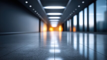 Obraz premium Serene Modern Interior with Glossy Floor and Natural Light in an Open Space Environment Creating an Inviting Ambiance for Contemporary Design Projects