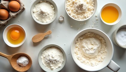 Various ingredients for baking cake laid out on white table. Flour, sugar, eggs, butter, and salt are ready for preparation. Homemade cooking, domestic pastry creation process.